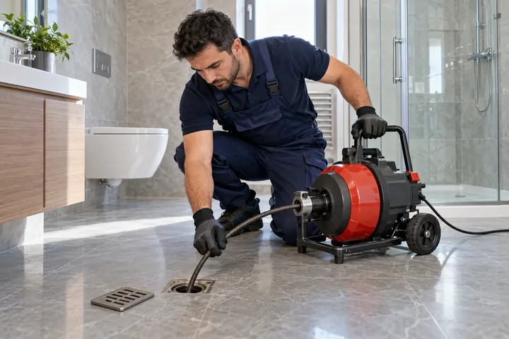 Elektrikli spiral cihazla banyo gideri tıkanıklığını açan teknisyen